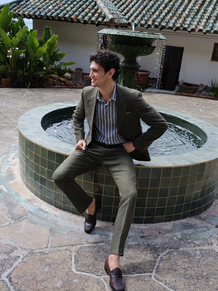 Green Slim Fit Slim Fit Signature Leomaster 100% Italian Linen Suit Jacket - Image 2 of 10
