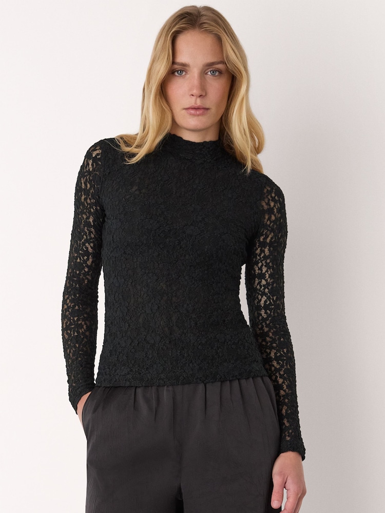 Whistles Black Lace Detail High Neck Top - Image 1 of 5