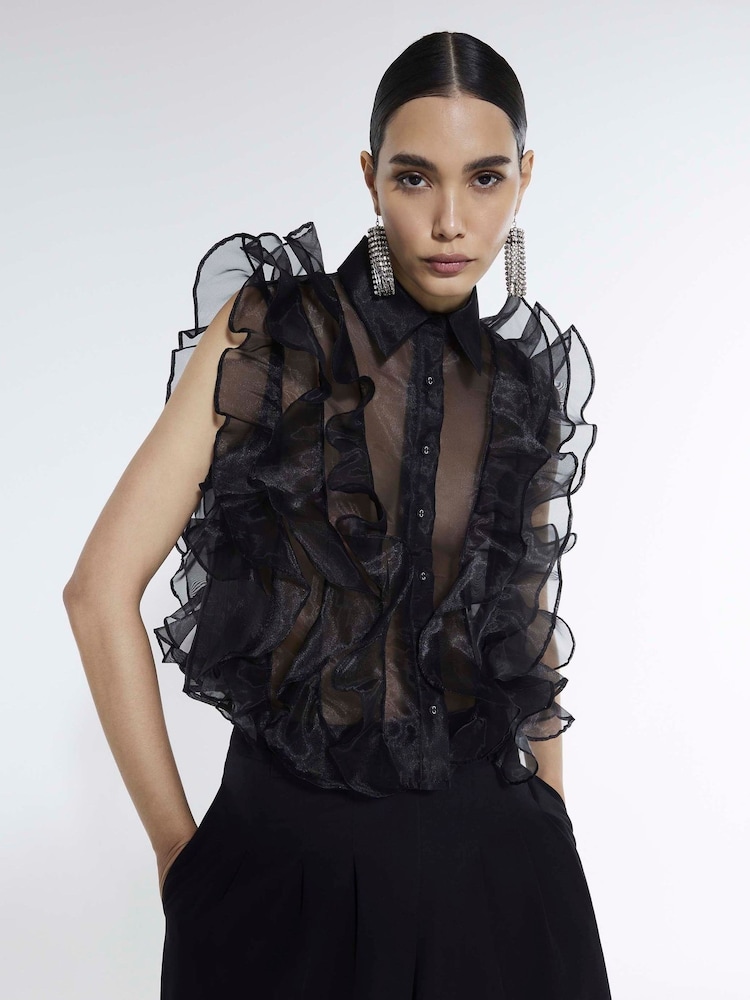River Island Black Sleeveless Ruffle Blouse - Image 1 of 4
