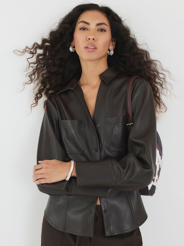 River Island Brown Faux Leather Fitted Shirt - Image 1 of 4
