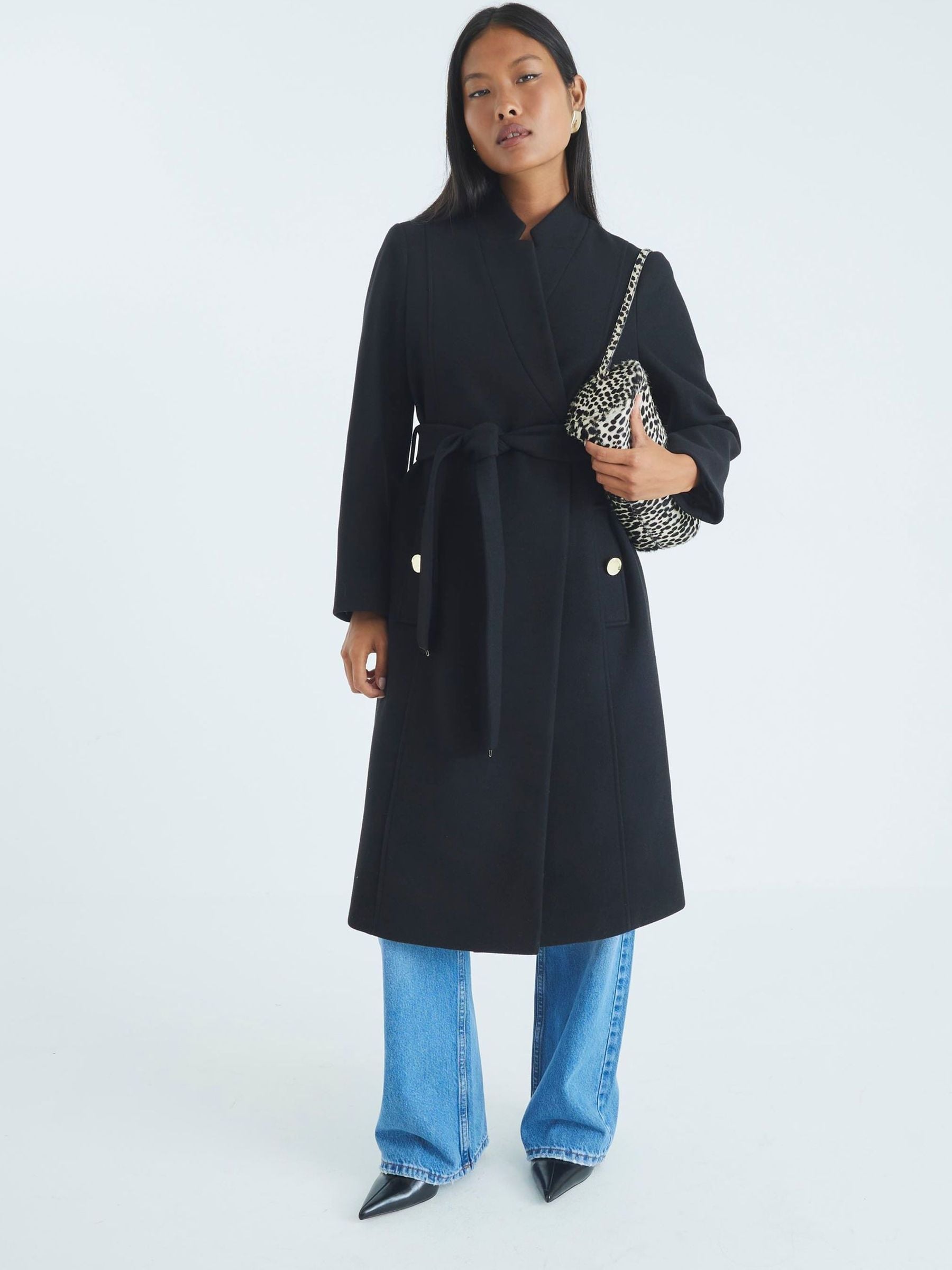 Buy River Island Black Petite Notch Collar Belted Wrap Coat from