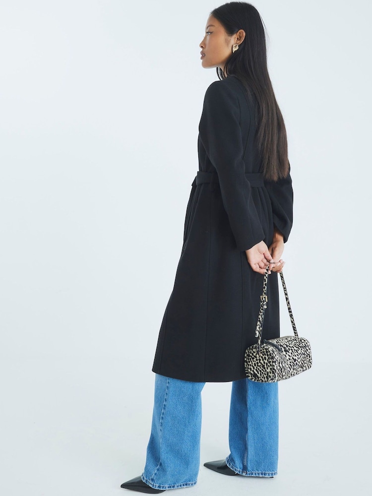 River Island Black Petite Notch Collar Wrap Coat - Image 2 of 4