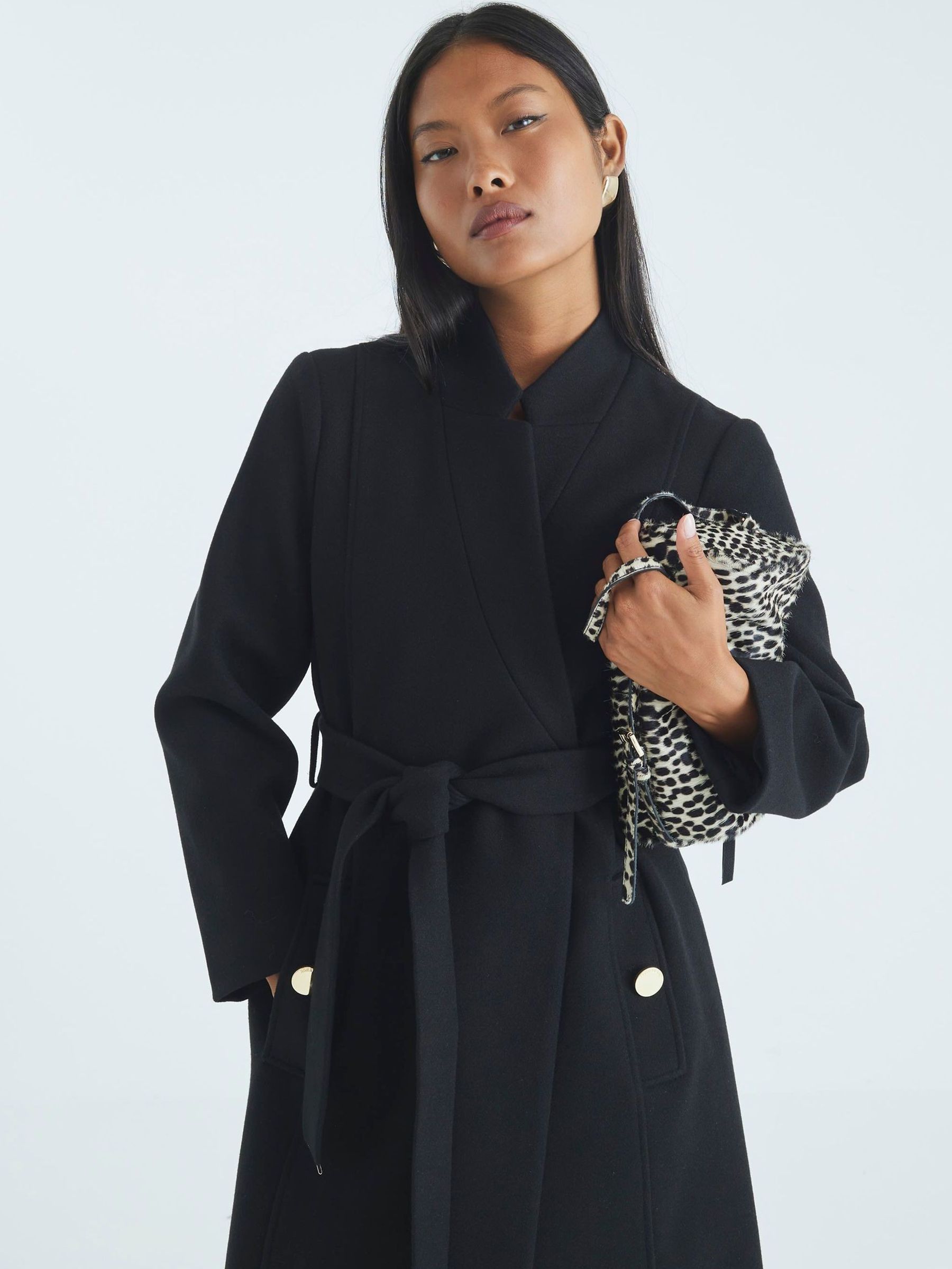 Buy River Island Black Petite Notch Collar Belted Wrap Coat from