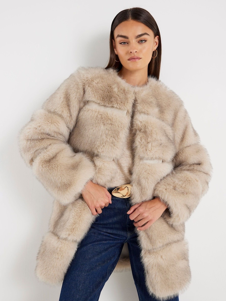 River Island Cream Long Pannelled Fur Jacket - Image 1 of 4