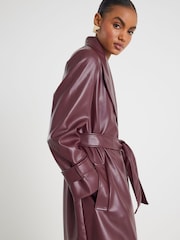 River Island Burgundy Faux Leather Long Line Belted Wrap Coat - Image 2 of 3