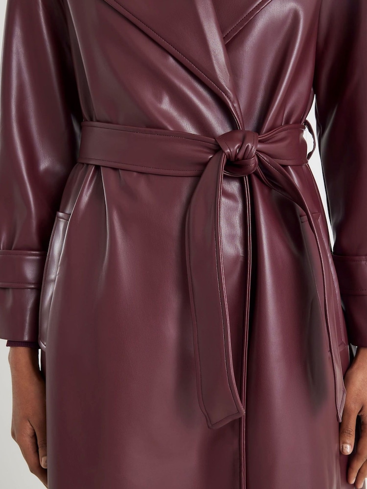 River Island Burgundy Faux Leather Long Line Belted Wrap Coat - Image 3 of 3