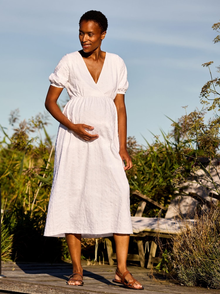 JoJo Maman Bébé Pure White Puff Sleeve Broderie V Neck Wrap Midi Dress - Image 1 of 6
