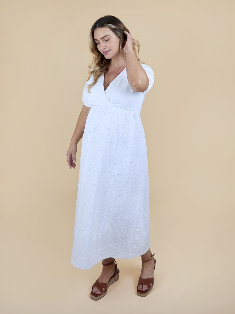 JoJo Maman Bébé Pure White Puff Sleeve Broderie V Neck Wrap Midi Dress - Image 2 of 6