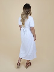 JoJo Maman Bébé Pure White Puff Sleeve Broderie V Neck Wrap Midi Dress - Image 4 of 6
