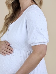 JoJo Maman Bébé Pure White Puff Sleeve Broderie V Neck Wrap Midi Dress - Image 6 of 6