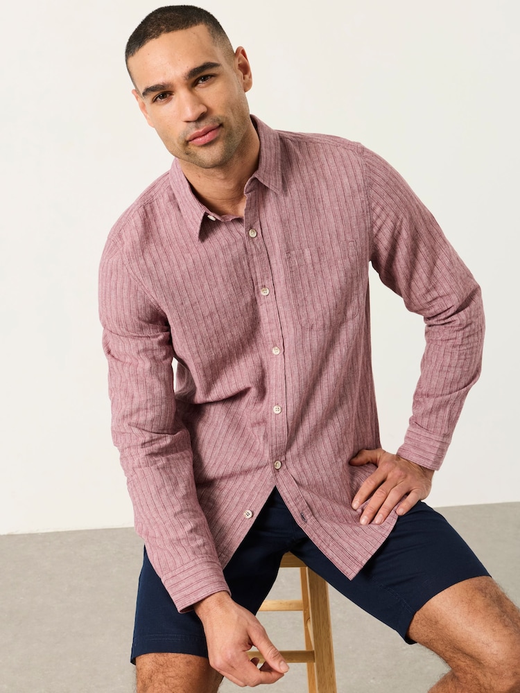 FatFace Plum Purple Stripe Long Sleeve Linen Cotton Bugle Shirt - Image 5 of 5