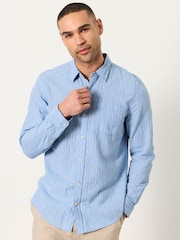 FatFace Bright Blue Stripe Long Sleeve Linen Cotton Bugle Shirt - Image 1 of 5