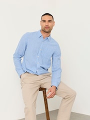 FatFace Bright Blue Stripe Long Sleeve Linen Cotton Bugle Shirt - Image 4 of 5