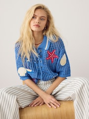 Blue Embroidered Print Cotton Mesh Knit Lace-Up Polo Top - Image 1 of 3