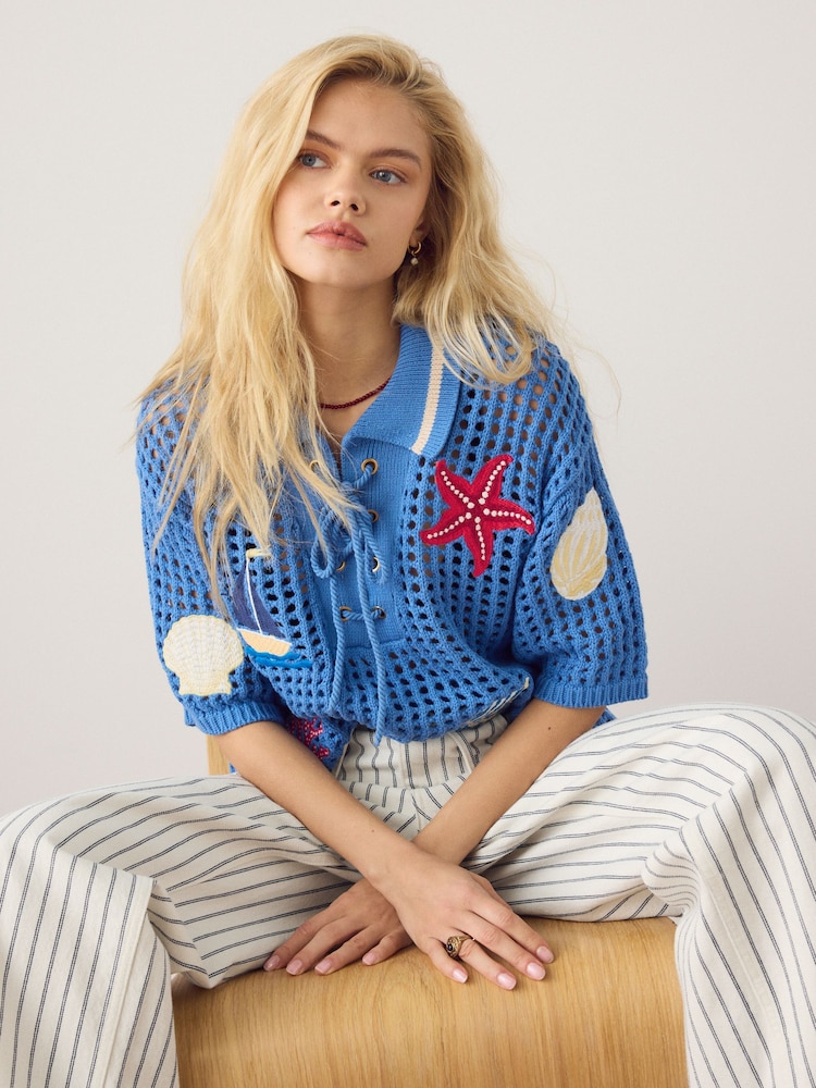 Blue Embroidered Print Cotton Mesh Knit Lace-Up Polo Top - Image 1 of 3 Blue Embroidered Print Cotton Mesh Knit Lace-Up Polo Top - Image 1 of 3