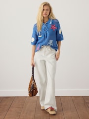 Blue Embroidered Print Cotton Mesh Knit Lace-Up Polo Top - Image 2 of 3