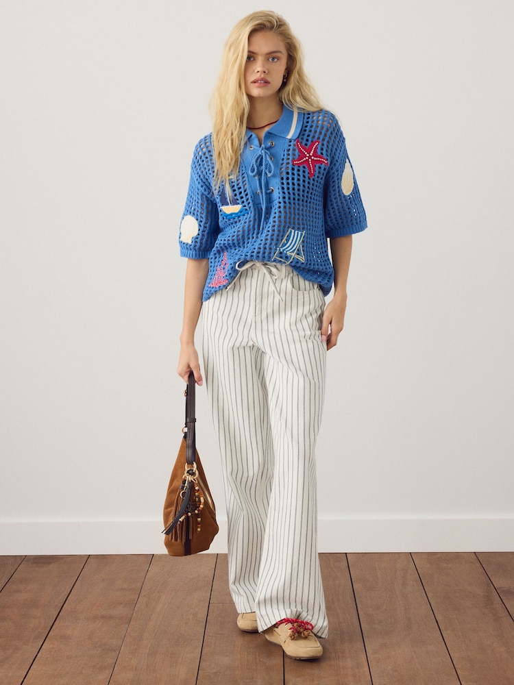 Blue Embroidered Print Cotton Mesh Knit Lace-Up Polo Top - Image 2 of 3 Blue Embroidered Print Cotton Mesh Knit Lace-Up Polo Top - Image 2 of 3