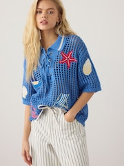 Blue Embroidered Print Cotton Mesh Knit Lace-Up Polo Top - Image 3 of 3