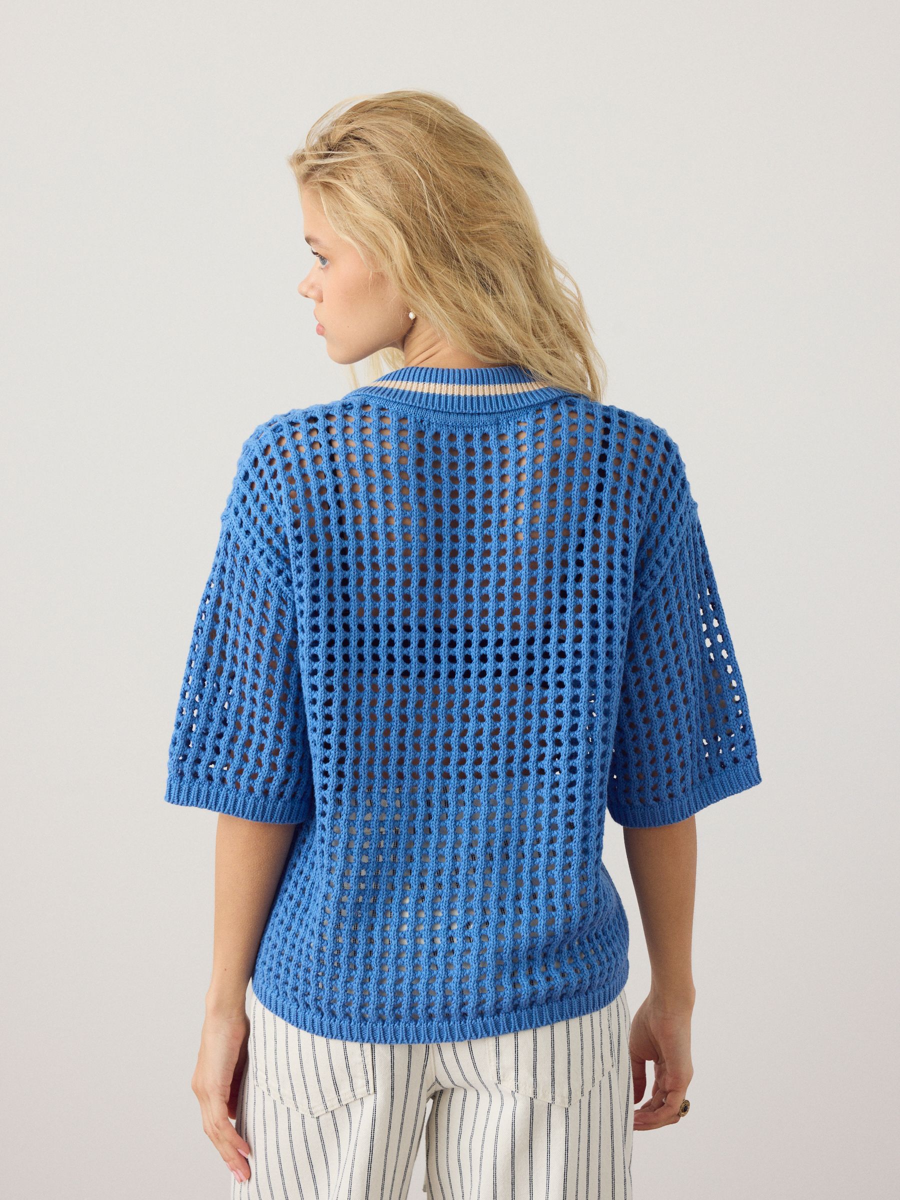 Buy Blue Embroidered Cotton Mesh Knit Lace-Up Polo Top from the