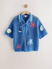 Blue Embroidered - 印花棉质网眼针织系带 Polo 衫 - 图片6 / 8