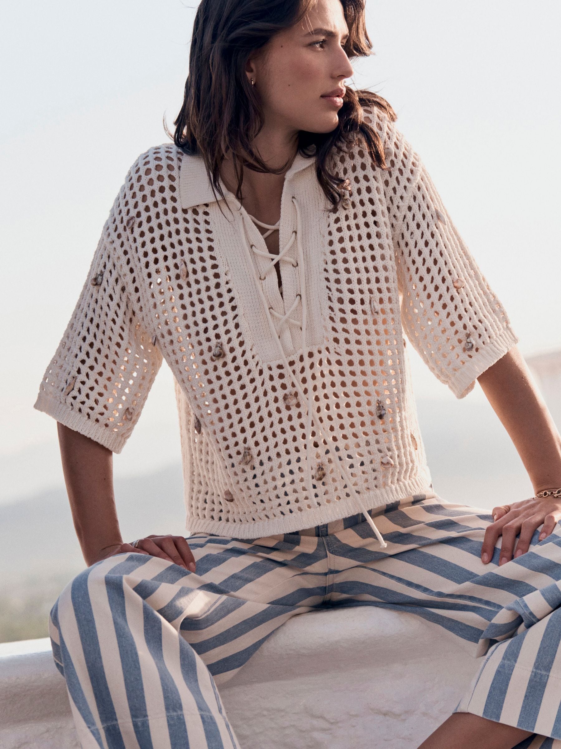 SUPPLY Cotton Mesh Knit コットン メッシュ ニット Next：日本 ベージュ - コットンメッシュニットレースアップポロ