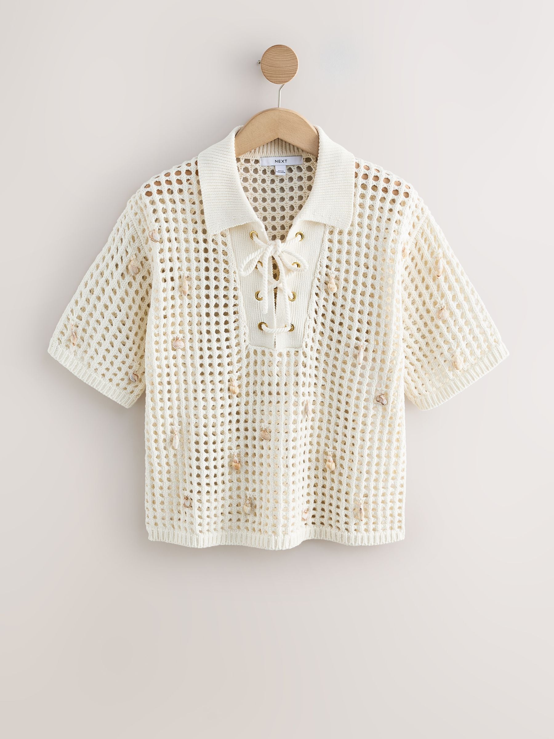 Buy Ecru Cotton Mesh Knit Lace-Up Polo Top from Next USA