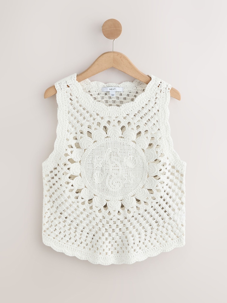 White Seahorse 100% Cotton Crochet Knitted Tank Top - Image 1 of 3