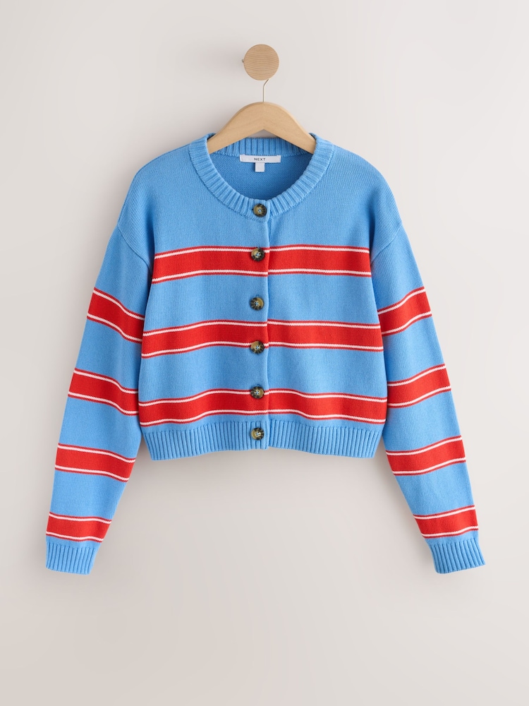 Blue/Red Stripe Cotton Crew Neck Cardigan - Image 1 of 3