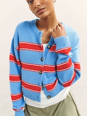 Blue/Red Stripe Cotton Crew Neck Cardigan - Image 5 of 8