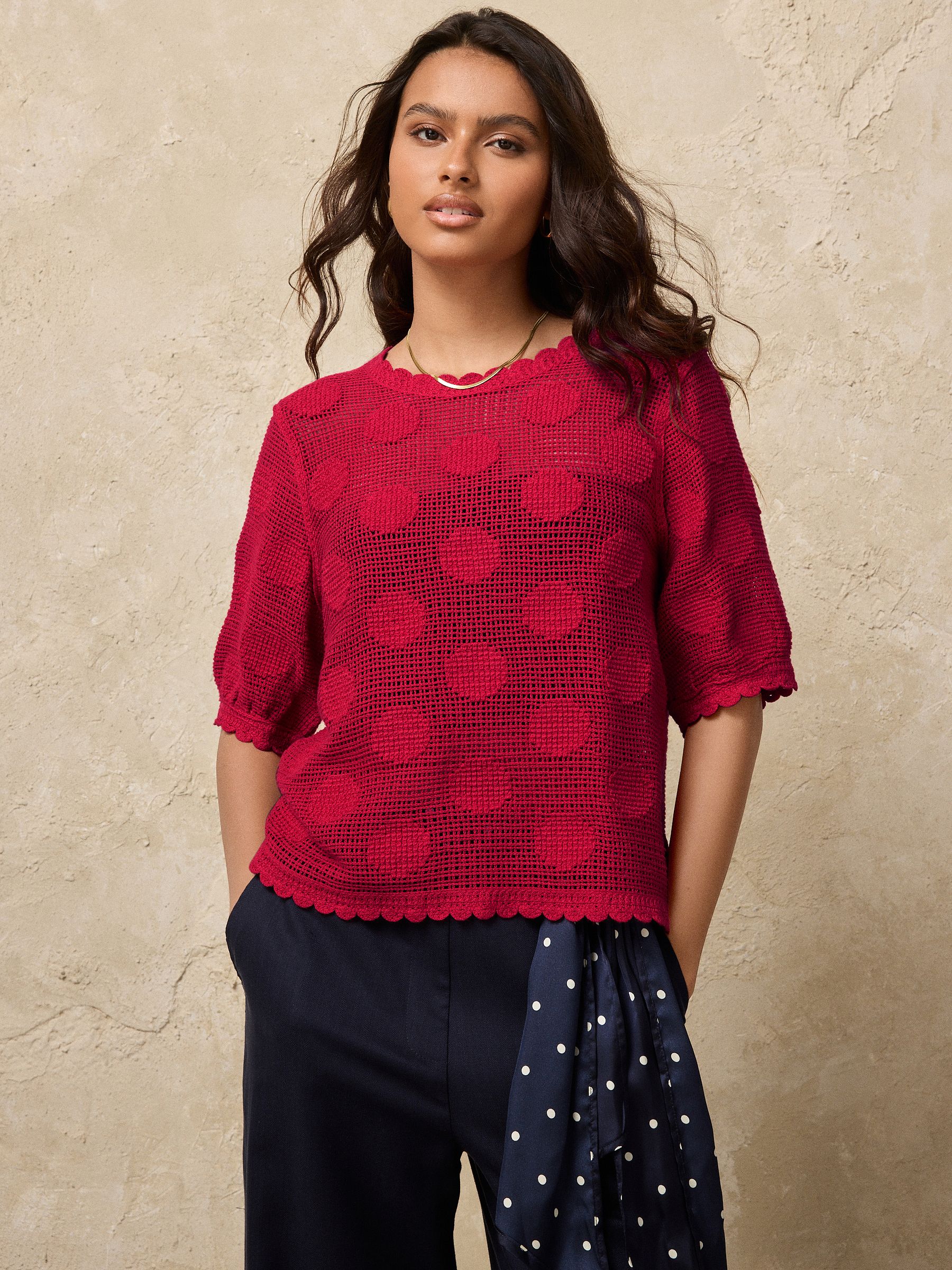 Buy Red Polka Dot Crochet Short Sleeve Crew Neck T-Shirt from Next