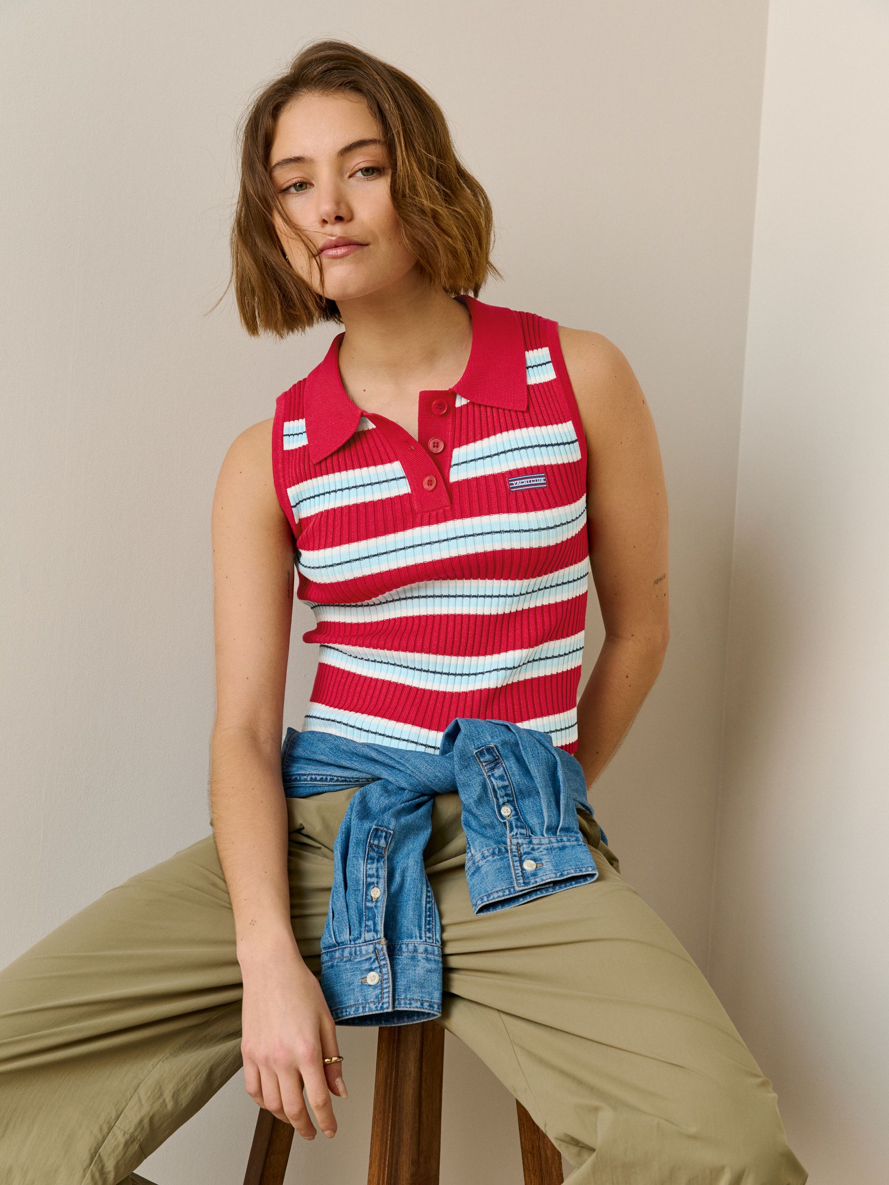 Buy Red/Navy Blue Stripe Sleeveless Knitted Polo Top from the Next