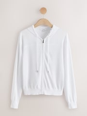 White Lightweight Sheer Knit Zip Up Hooded Cardigan - Image 1 of 3