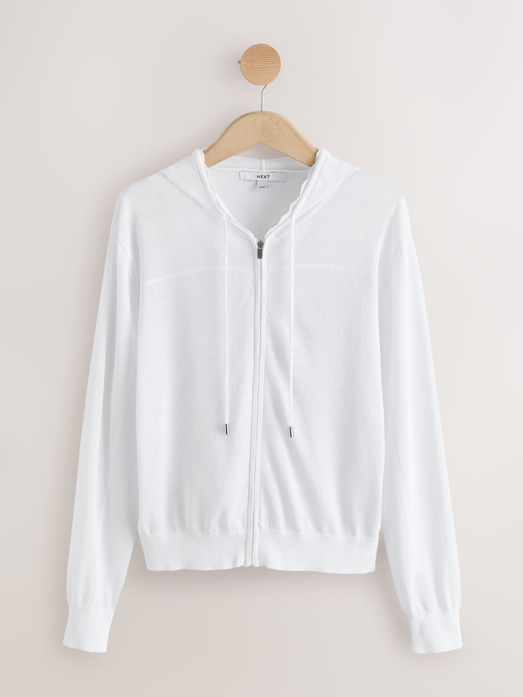 Buy White Lightweight Sheer Knit Zip Up Hooded Cardigan from the