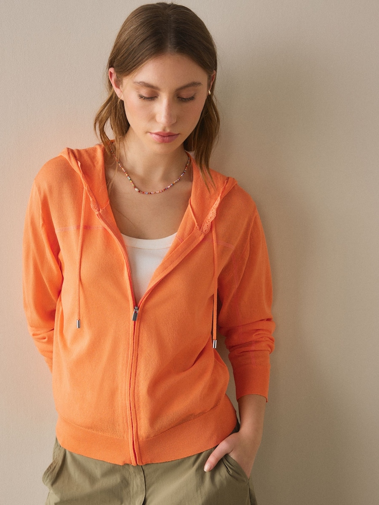 Orange Lightweight Sheer Knit Zip Up Hooded Cardigan - Image 1 of 7