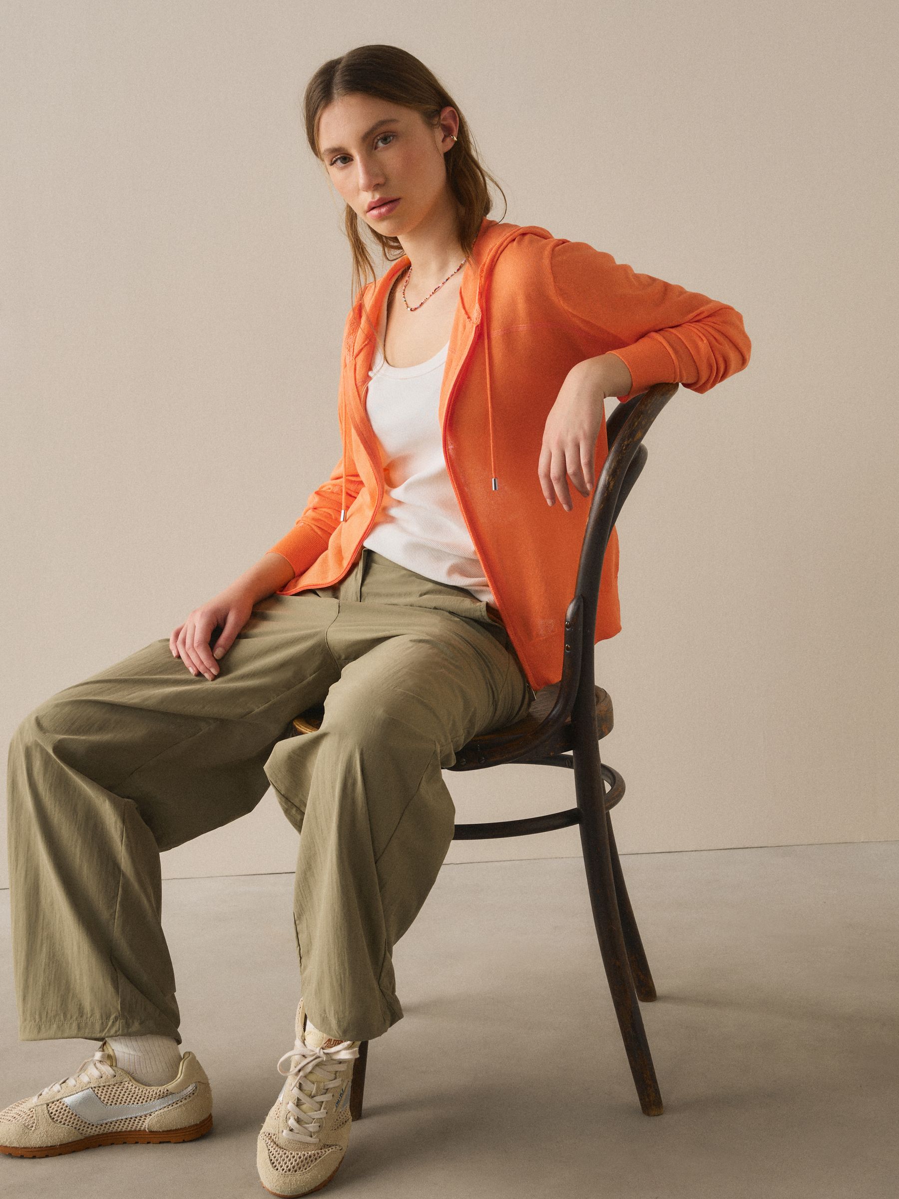 トップス SHEER HOODED KNIT CARDIGAN Buy Orange Lightweight Sheer Knit Zip Up Hooded Cardigan from the