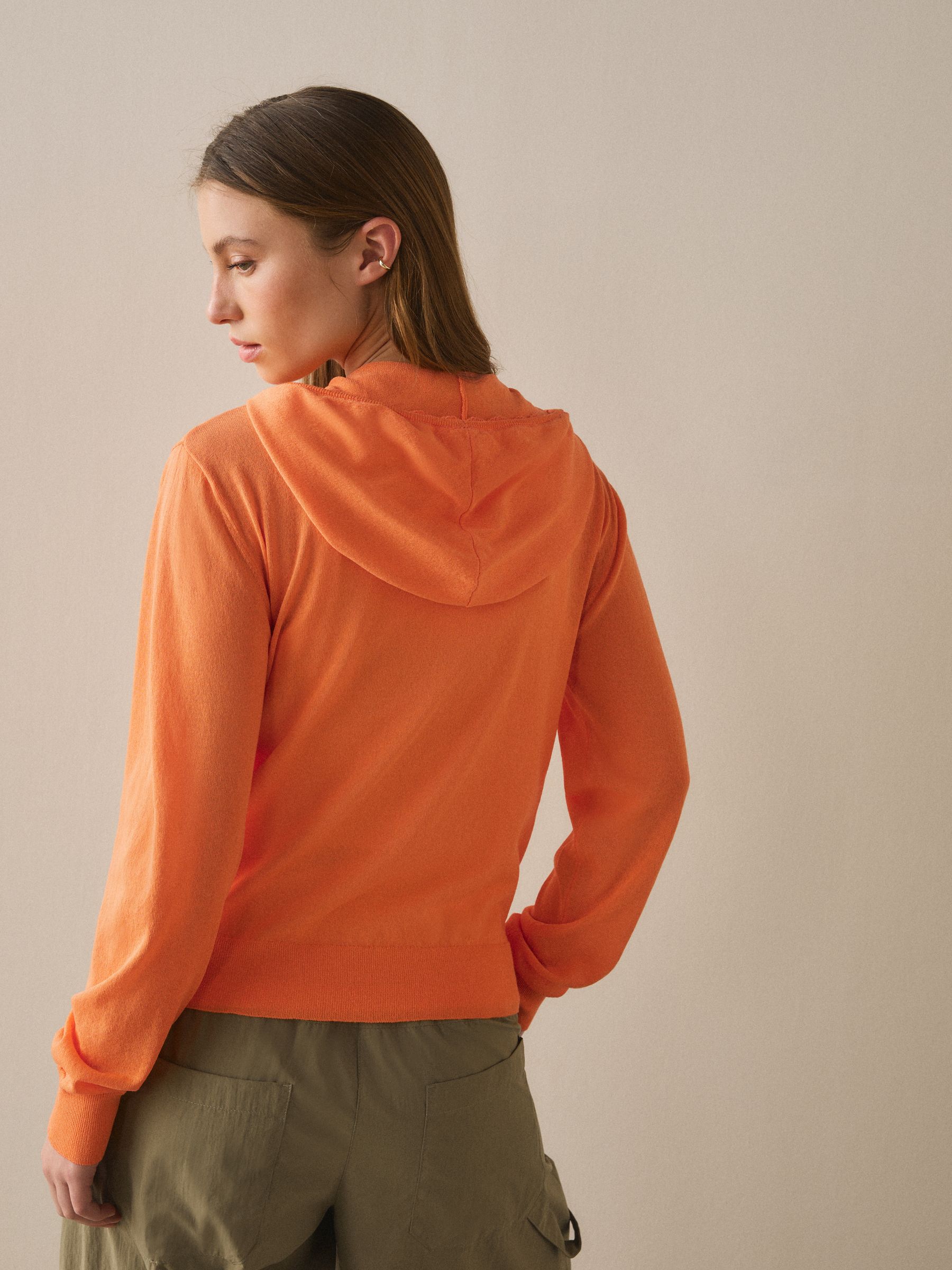 Buy Orange Lightweight Sheer Knit Zip Up Hooded Cardigan from the