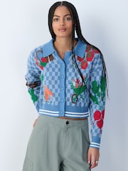 Blue Gingham Long Sleeve Knitted Embroidered Collar Cardigan - Image 4 of 9