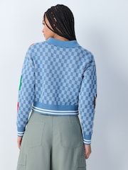 Blue Gingham Long Sleeve Knitted Embroidered Collar Cardigan - Image 5 of 9