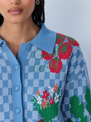 Blue Gingham Long Sleeve Knitted Embroidered Collar Cardigan - Image 6 of 9