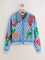 Blue Gingham Long Sleeve Knitted Embroidered Collar Cardigan - Image 7 of 9