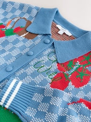 Blue Gingham Long Sleeve Knitted Embroidered Collar Cardigan - Image 8 of 9