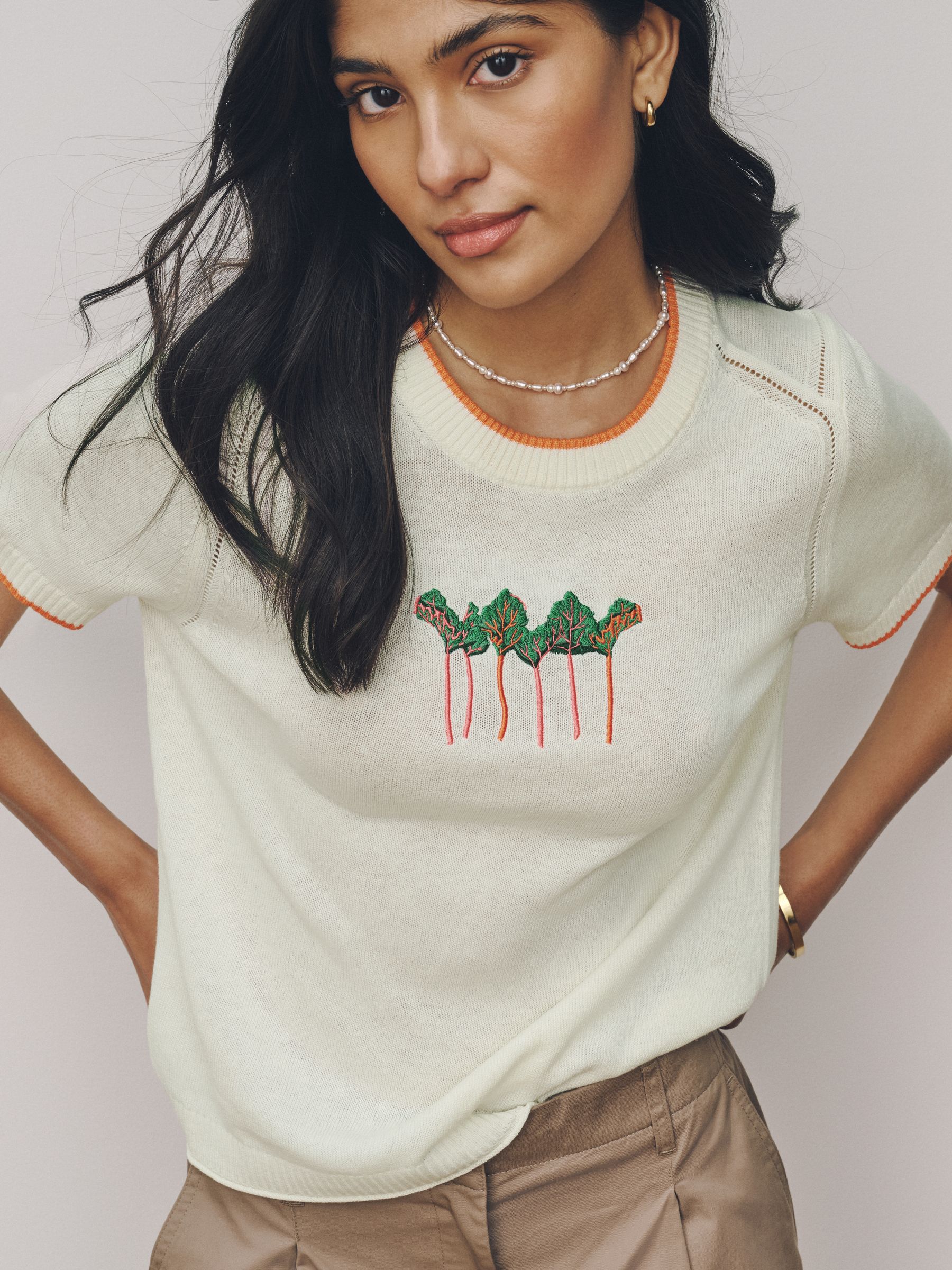 Buy Ecru Embroidered Short Sleeve Crew Neck Top With Linen from