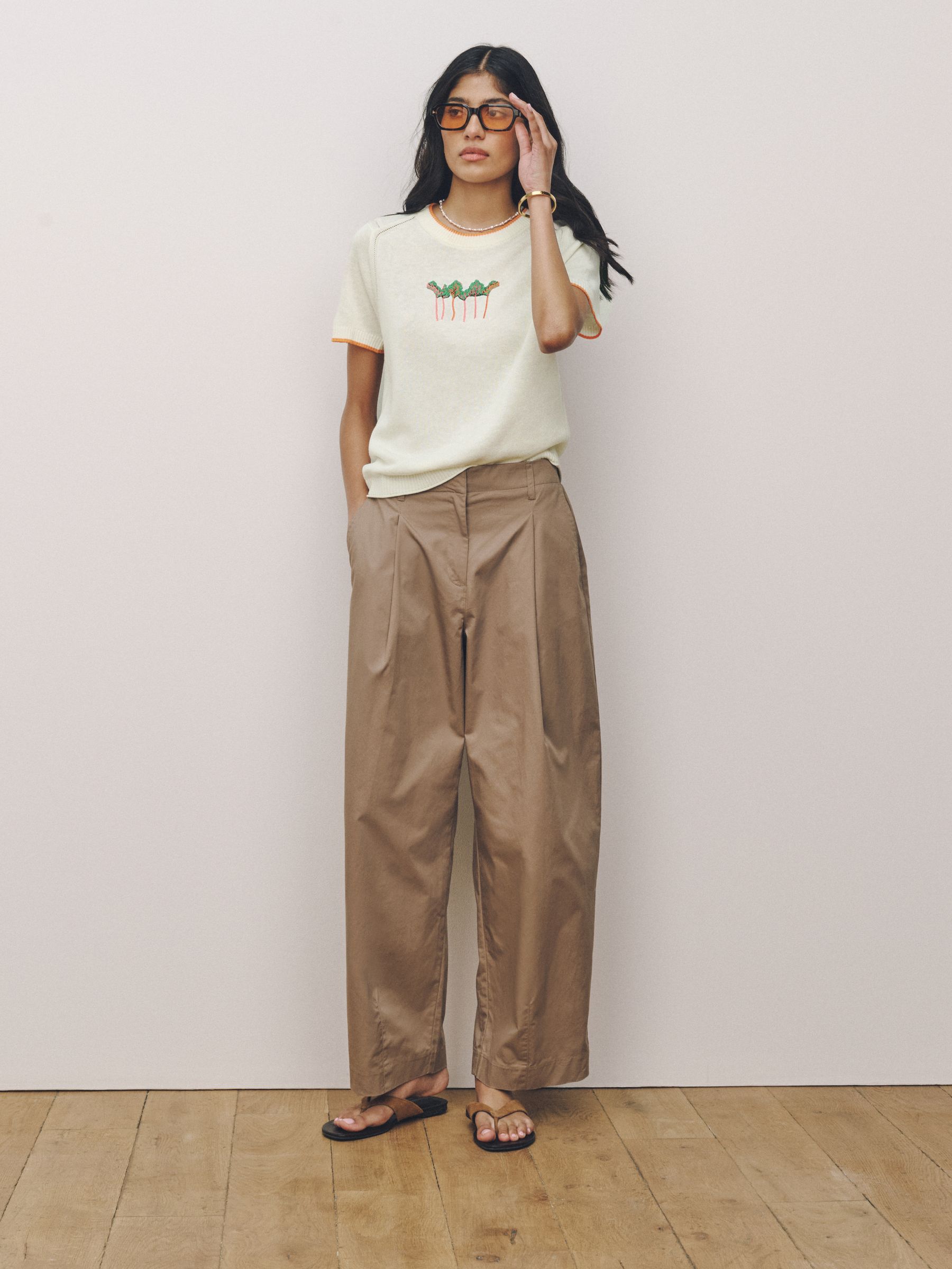 Buy Ecru Embroidered Short Sleeve Crew Neck Top With Linen from