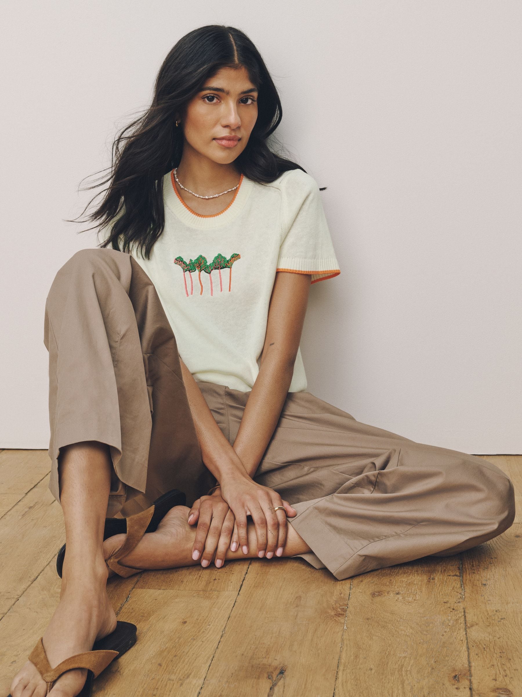 Buy Ecru Embroidered Short Sleeve Crew Neck Top With Linen from