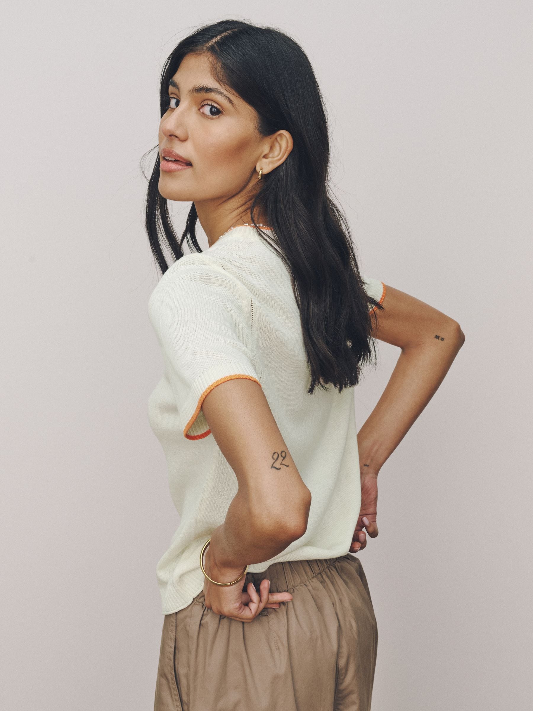 Buy Ecru Embroidered Short Sleeve Crew Neck Top With Linen from