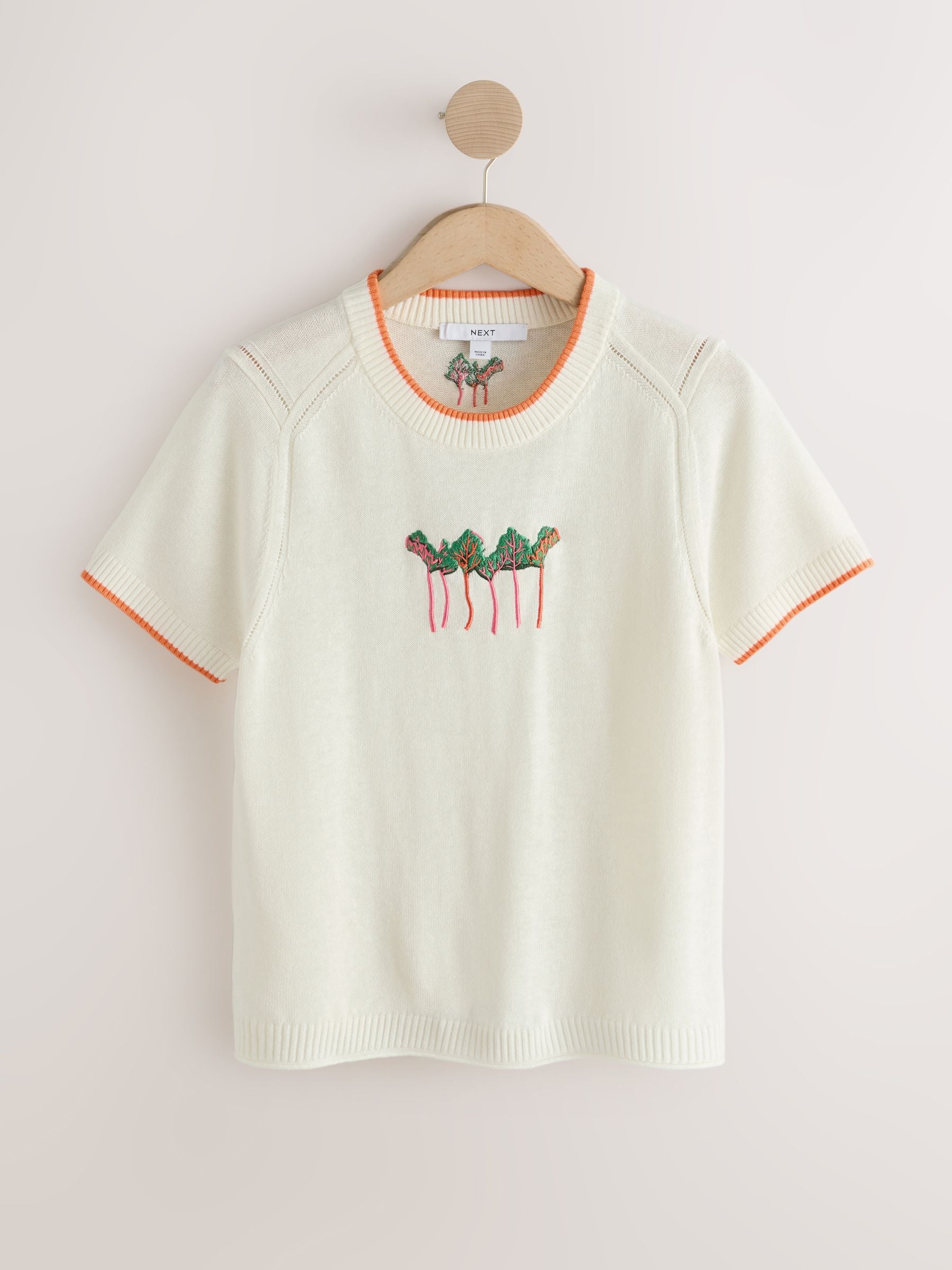 Buy Ecru Embroidered Short Sleeve Crew Neck Top With Linen from