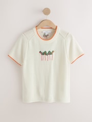 Ecru Embroidered Short Sleeve Crew Neck Top With Linen - Image 5 of 8