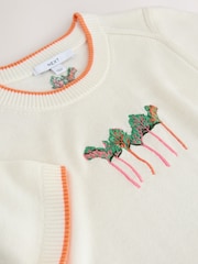 Ecru Embroidered Short Sleeve Crew Neck Top With Linen - Image 6 of 8
