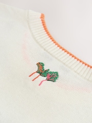 Ecru Embroidered Short Sleeve Crew Neck Top With Linen - Image 7 of 8