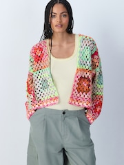 Multi Pink/Green Hand Knit Long Sleeve Crochet Cardigan - Image 1 of 7